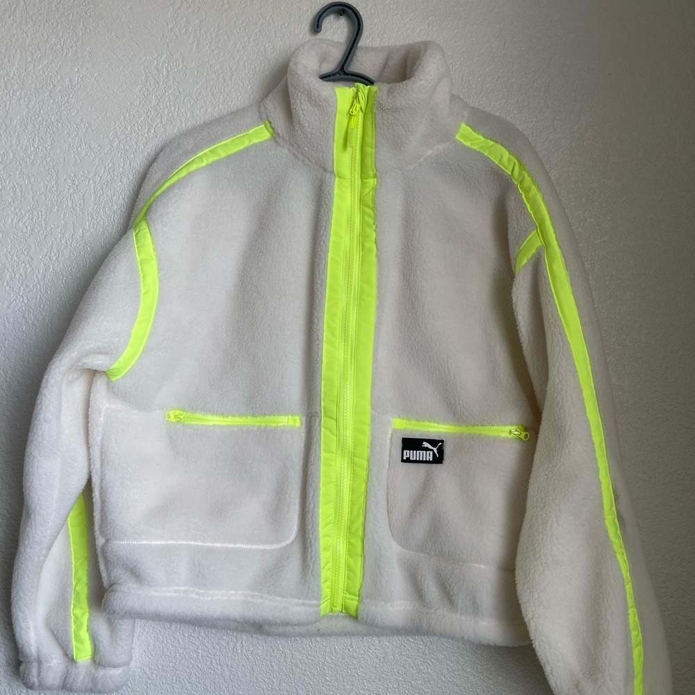 Puma White and Neon Yellow Fleece Jacket